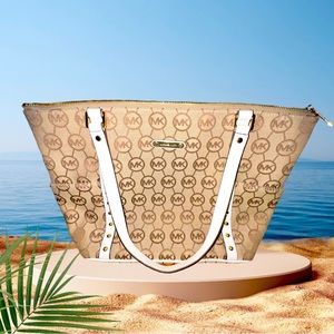 EUC Michael Kors Monogram handbag Tan Cream Color White Straps